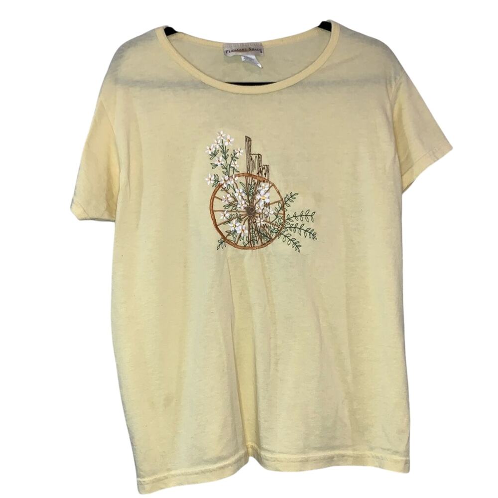 Vintage Pleasant Shade Floral Wheel Graphic Tee Large Yellow Cottagecore‎ Shirt